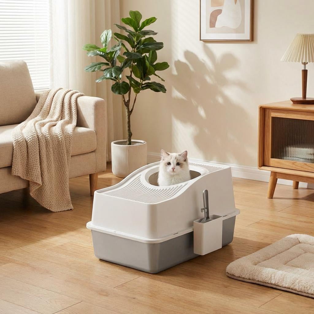 TEQIN Cat Litter Boxes With High Sides, Enclosed Litter Box With Scatter Shield & Scoop Stainless Steel Litter Boxes Enclosed Cat Litter Boxes For Indoor Cats
