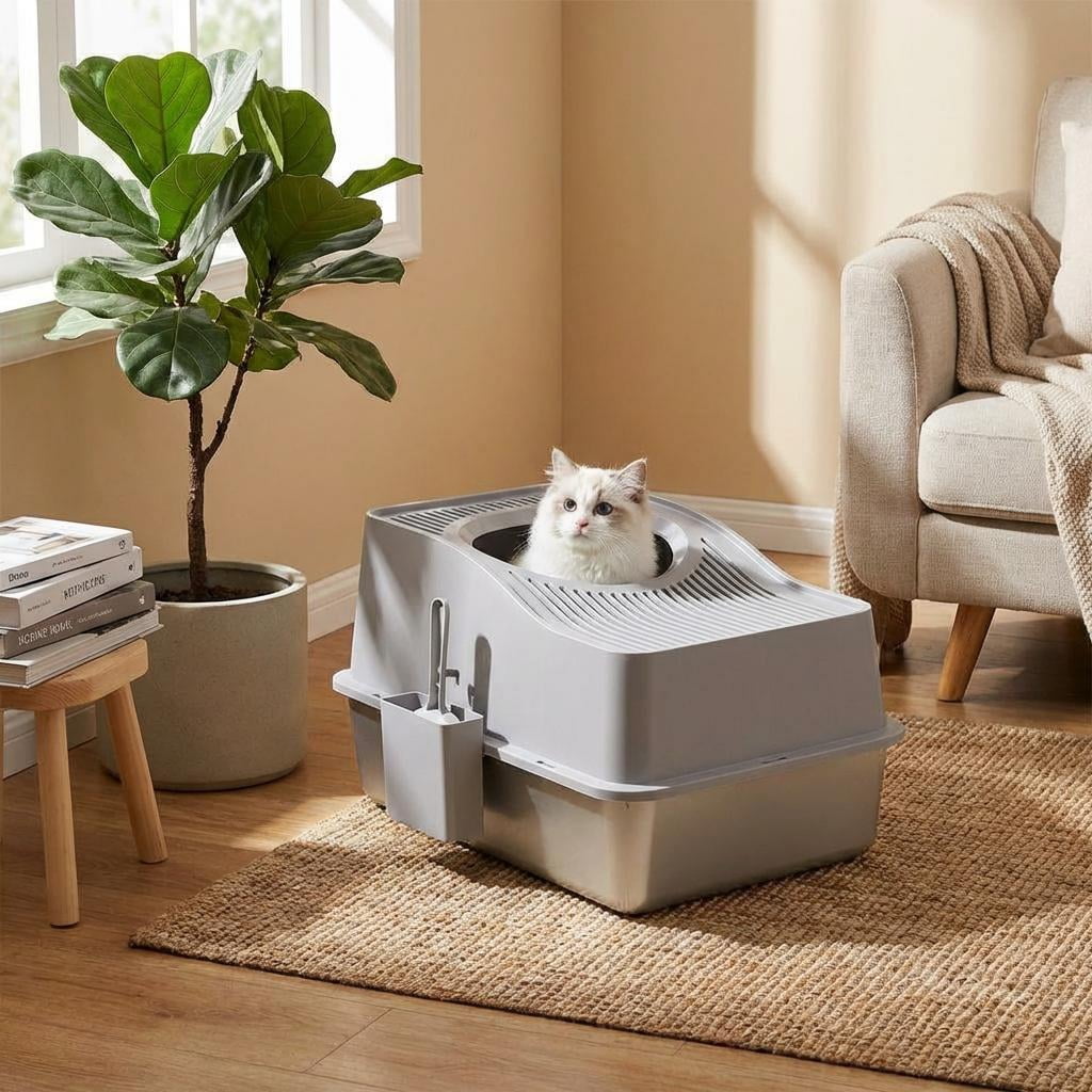 TEQIN Cat Litter Boxes With High Sides, Enclosed Litter Box With Scatter Shield & Scoop Stainless Steel Litter Boxes Enclosed Cat Litter Boxes For Indoor Cats