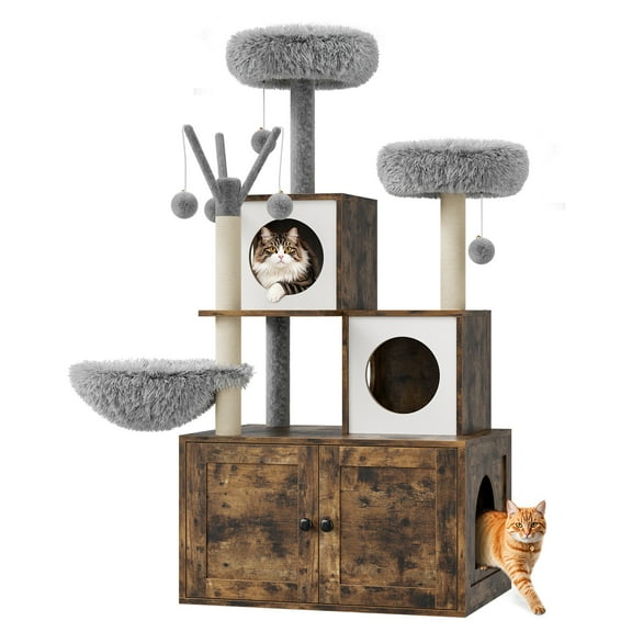TEQIN Cat Tree with Litter Box Enclosure Furniture,Modern Cat Tower, 53.7’’ H Cat Condo with Sisal Scratching Post and Hammock, Indoor Pet Furniture with Large Platform