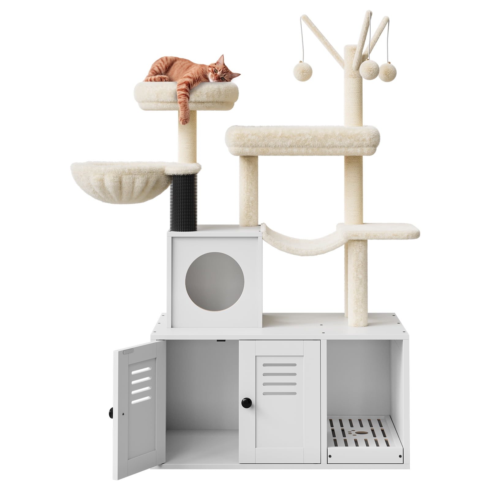 TEQIN Cat Tree with Litter Box Enclosure Furniture,Modern Cat Tower, 53.7’’ H Cat Condo with Sisal Scratching Post and Hammock, Indoor Pet Furniture with Large Platform
