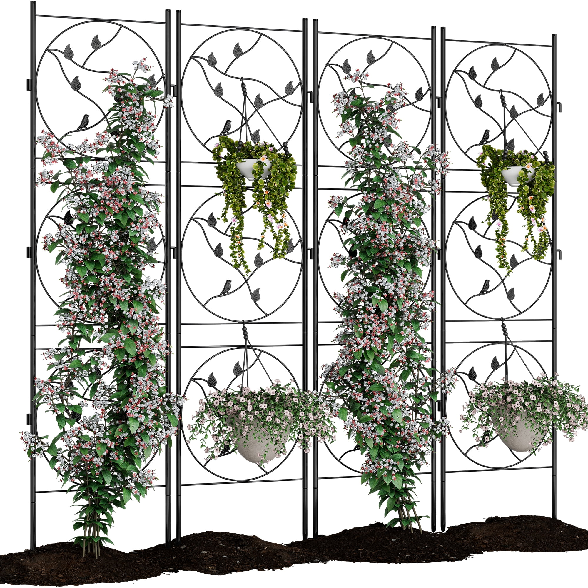 TEQIN Climbing Plant Garden Trellis,No Dig Dog Fence Outdoor,71.6 in Tall Rustproof Animal Barrier with Gate, Decorative Garden Fence Panels Garden Trellis with Black Metal Coating for Yard Border