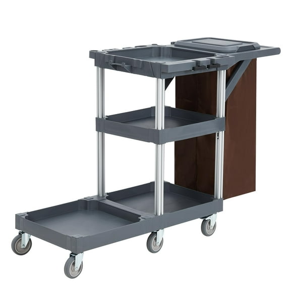 TEQIN Commercial Traditional Janitorial,3-Shelf Cleaning Cart, Housekeeping Cleaning Cart,Wheeled with 16-Gallon Trash Bag for Business/School/Office/Janatorial Cleaning