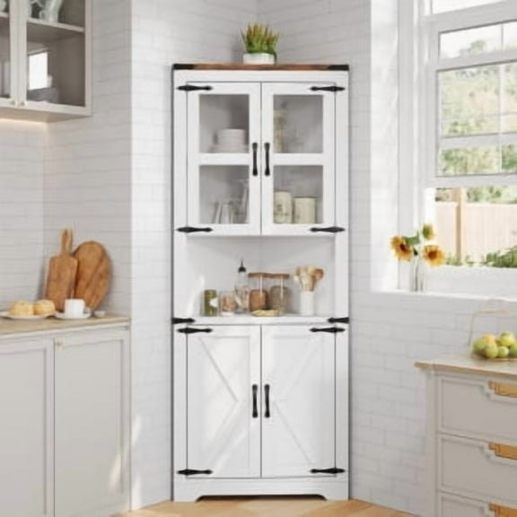 TEQIN Corner Bar Cabinet w/LED Lights, 67" Tall Modern Wine Cabinet with Tempered Glass Door & Adjustable Shelves,Corner Storage Cabinet Farmhouse Corner Hutch Display Cabinet