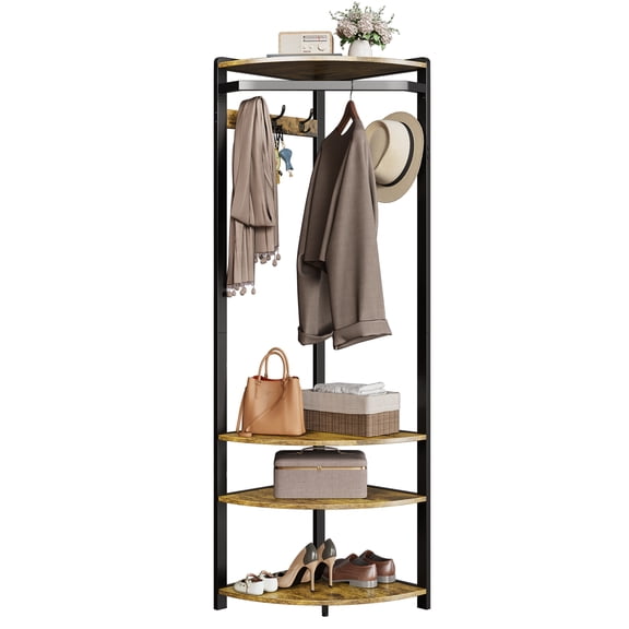 TEQIN Corner Hall Tree with Shoe Bench,Entryway Coat Rack with 6 Metal Double Hooks Floor Standing Clothes Rack Shoes Shelf Organizer for Home Office Bedroom