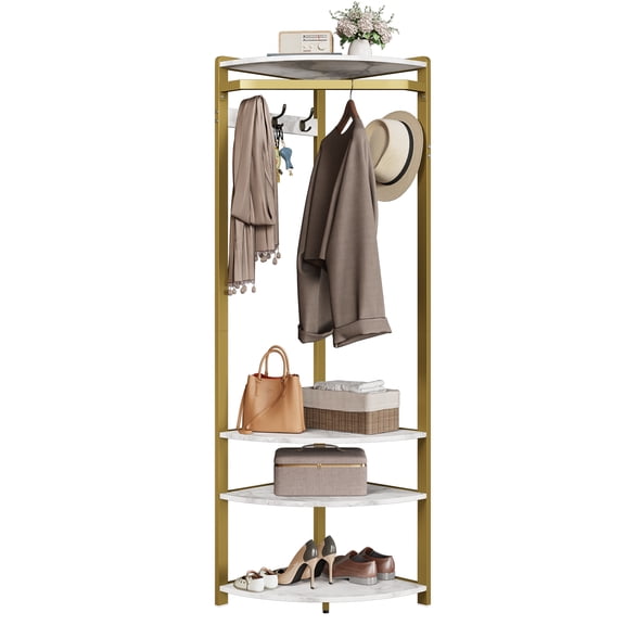 TEQIN Corner Hall Tree with Shoe Bench,Entryway Coat Rack with 6 Metal Double Hooks Floor Standing Clothes Rack Shoes Shelf Organizer for Home Office Bedroom