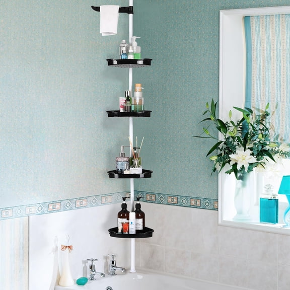 TEQIN Corner Shower Caddy Tension Pole,Shower Tension Rod Organizer, Floor to Ceiling Shower Caddy Up to 123 Inch,Towel Rack Corner Waterproof