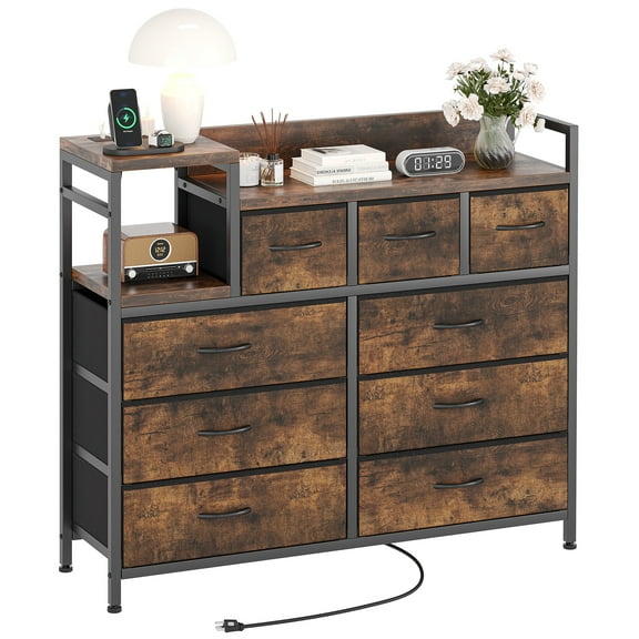 TEQIN Dresser for Bedroom, 9 Storage Drawers With Charging Station,Anti-Tip Tall Fabric Closet Chests Organizer Tower Furniture with Wooden Top Metal Frame for Clothes, Living Room,Hallway,Entryway