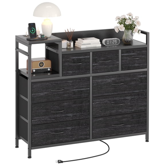 TEQIN Dresser for Bedroom, 9 Storage Drawers With Charging Station,Anti-Tip Tall Fabric Closet Chests Organizer Tower Furniture with Wooden Top Metal Frame for Clothes, Living Room,Hallway,Entryway