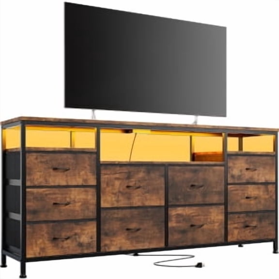 TEQIN Dresser TV Stand with 10 Drawers for 60" 70 " 75" TV,63" W Long Fabric Dresser Entertainment Center for Bedroom with LED Lights & Power Outlets Long Dresser for Bedroom Living Room