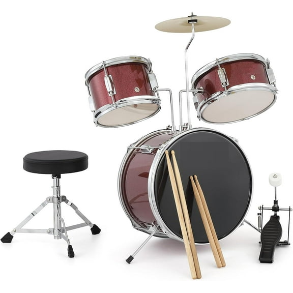 TEQIN Drum Set for Kids and Beginners, 3-Piece 14'' Drum Kit with Adjustable Throne, Cymbal, Pedal & Two Pairs of Drumsticks, Musical Instruments for Boys and Girls