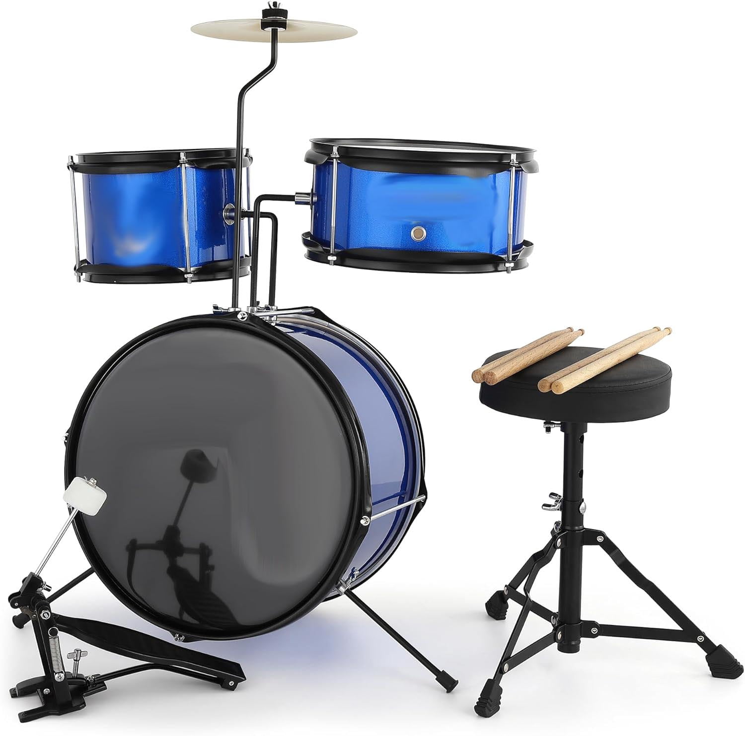 TEQIN Drum Set for Kids and Beginners, 3-Piece 14'' Drum Kit with Adjustable Throne, Cymbal, Pedal & Two Pairs of Drumsticks, Musical Instruments for Boys and Girls