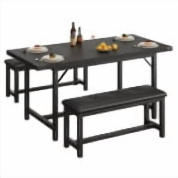 TEQIN Extendable Dining Room Table for 4-6 Person3-Piece Kitchen Table Set with 2 Upholstered Benches, Rectangular Kitchen Tables for Dining Room, Kitchen, Living Room