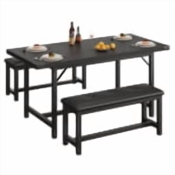 TEQIN Extendable Dining Room Table for 4-6 Person3-Piece Kitchen Table Set with 2 Upholstered Benches, Rectangular Kitchen Tables for  Dining Room, Kitchen, Living Room