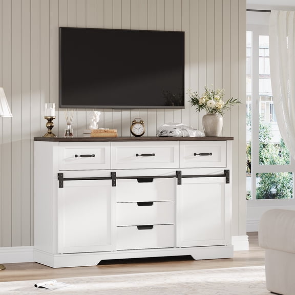 TEQIN Farmhouse Dresser for Bedroom w/6 Drawers & Sliding Barn Doors, 47.2'' Wide Chest of Drawers, Rustic Dresser with Mirror,Makeup Vanity with Light Mirror