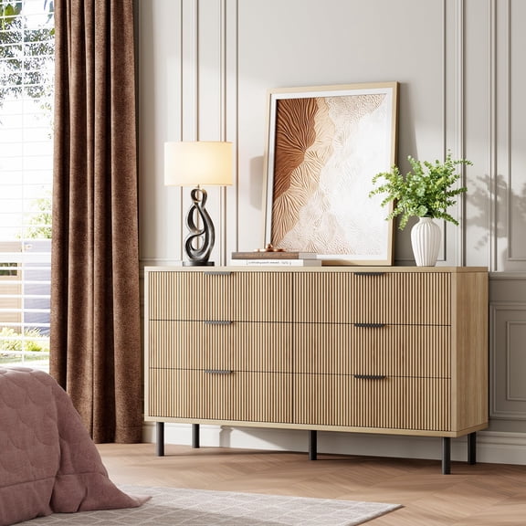 TEQIN Fluted 6 Drawer Double Dresser for Bedroom, 54.7" Modern Closet Dressers With Metal Legs,Wide Chest of Drawers, Wood Storage Dresser Organizer for Bedroom Living Room Hallway Closet