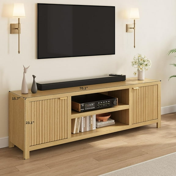 TEQIN Fluted TV Stand for Tvs up to 80",Mid Century Modern TV Stand with Open Shelf,Entertainment Center Wood TV Media Console with Cord Holes,TV Stand for Living Room Furniture Bedroom