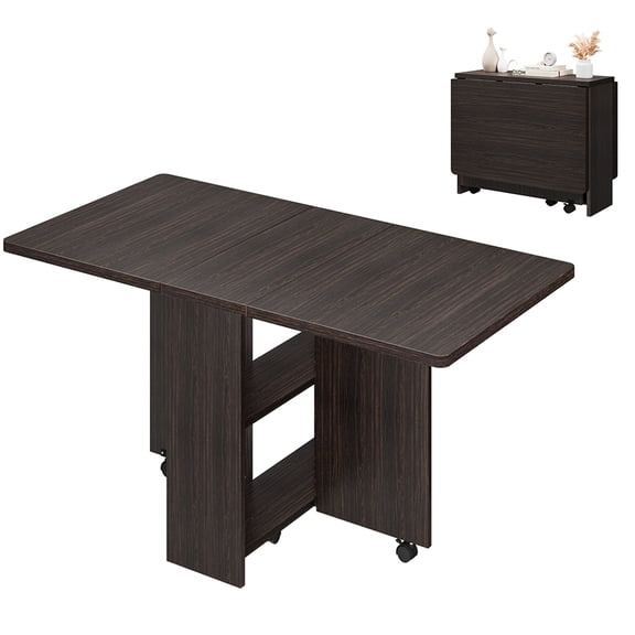 TEQIN Folding Dining Table, Extendable Drop Leaf Dining Table with Wheels and 2 tier Storage Shelf, Collapsible Expandable Rectangle Dining Table,Space Saving Living Room Table