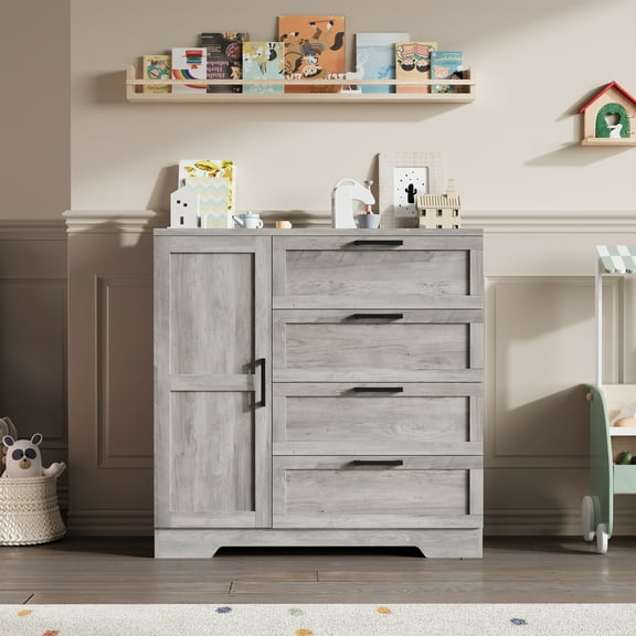 TEQIN Freestanding Closet System with 4 Wood Drawers and Hanging Rod, Modern Armoire Wardrobe Cabinet,4 Drawers Dresser with Storage Closet,Clothing Storage Cabinets for Bedroom