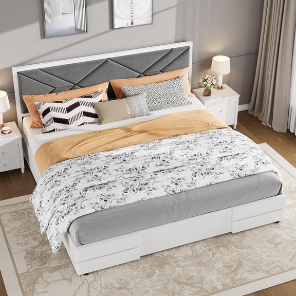 TEQIN Full/Queen/King Bed Frame with Fabric Upholstered Headboard and Wooden Slats Support,Modern Floor-Standing Upholstered Mattress Foundation,No Box Spring Needed,Easy Assembly