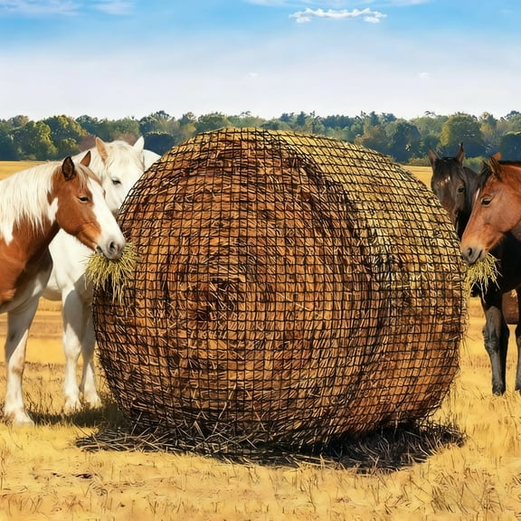 TEQIN Heavy Duty Slow Feeding Horse Hay Net,2-Inch Knotless Design Hay Net For Round Bales,Saves 60% Hay, Weatherproof Round Bale Feeder For Cattle/Goats/Sheep, 5x5 Ft/6x6ft