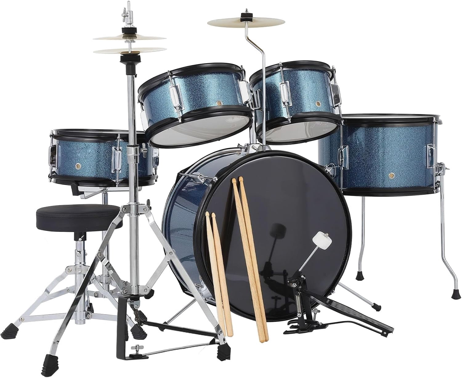 TEQIN Kids Drum Set,Junior Drum Kit,Drum Set for Musical Instruments,Full 16in Youth Drum Set With Bass Drum,Tom, Snare Drum,Hi-Hat,Cymbal and Drum Pedal for Beginner,5-Piece for Beginners