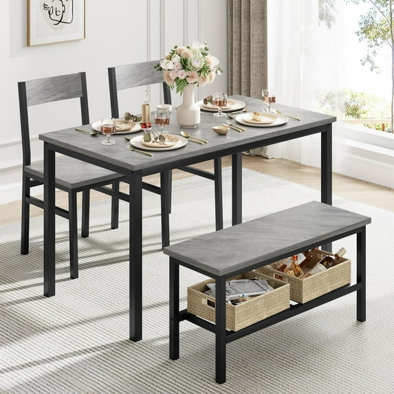 TEQIN Kitchen Table Chairs Set of 4, Dining Table Set for 4 with Bench and Chairs, 4 Pieces Kitchen Dining Table Set with Storage Rack & Metal Frame for Small Apartment, Kitchen