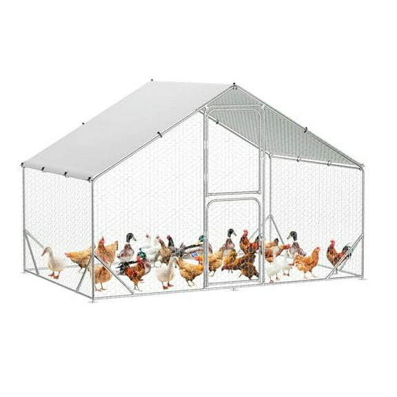 TEQIN Large Metal Chicken Coop Run with Spire Roof,Walk-in Poultry Cage，Outdoor Poultry Cage with Waterproof & UV-Resistant Cover for Chickens, Ducks, Rabbits, and Hens in Yard or Farm Use
