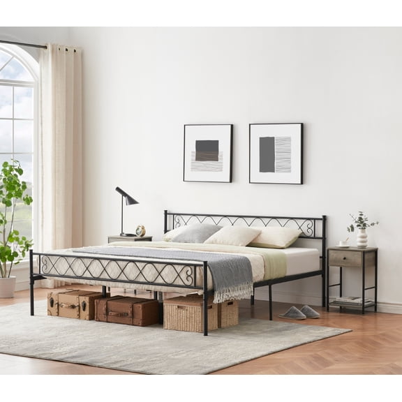 TEQIN Metal Bed Frames with Vintage Headboard and Footboard, Victorian Style Metal Platform Bed, Heavy Duty Steel Slat Support, Ample Under-Bed Storage, No Box Spring Needed