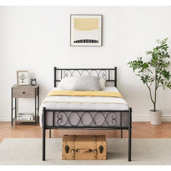 TEQIN Metal Bed Frames with Vintage Headboard and Footboard, Victorian Style Metal Platform Bed, Heavy Duty Steel Slat Support, Ample Under-Bed Storage, No Box Spring Needed