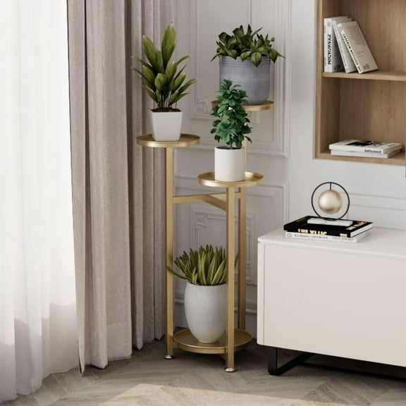 TEQIN Metal Plant Stand Indoor Outdoor,4-Tiper with 4 Flower Pot Holders Corner Tall Plant Shelves,Golden Planter Rack Display Shelves for Livingroom, Bedroom, Office