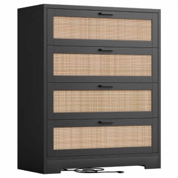 TEQIN Mid Century Modern Dresser, 4 Drawer Rattan Dresser for Bedroom , Wooden Rattan Storage Cabinet Side Table with Outlet, Tall Dresser for  Bedroom,Living Room,Hallway