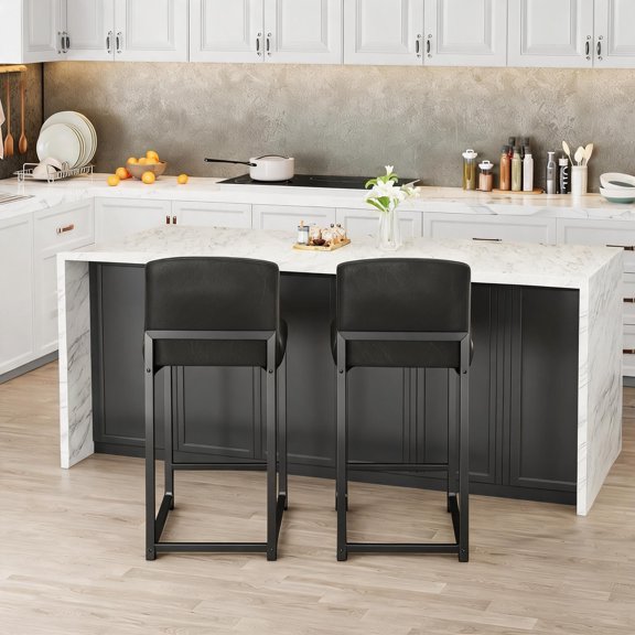TEQIN Modern Bar Stools Set Of 2, PU Leather Counter Height Barstools With Back,Upholstered Bar Chairs Kitchen Bar Stools With Metal Frame For Kitchen Island & Home Bar
