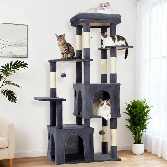 TEQIN Modern Cat Tree,61-Inch Indoor Cat Tree Cat Tower,Multi-Level Pet House For Large Cats With 2 Condos, Sisal Scratching Posts & Play Toys