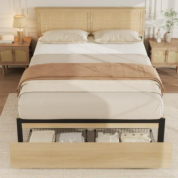 TEQIN Natural Rattan Bed Frame With Stroage Drawers,Full/King/Queen Size with Headboard,Bed Frame with Strong Wood Slats Support, Noise Free, No Box Spring Needed