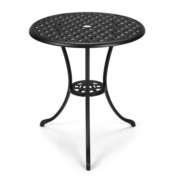 TEQIN Patio Bistro Table, 24’’ Round Cast Aluminum Outdoor Dining Retro Side Table with 2’’ Umbrella Hole,Patio Dining Table for Porch,Backyard,Garden