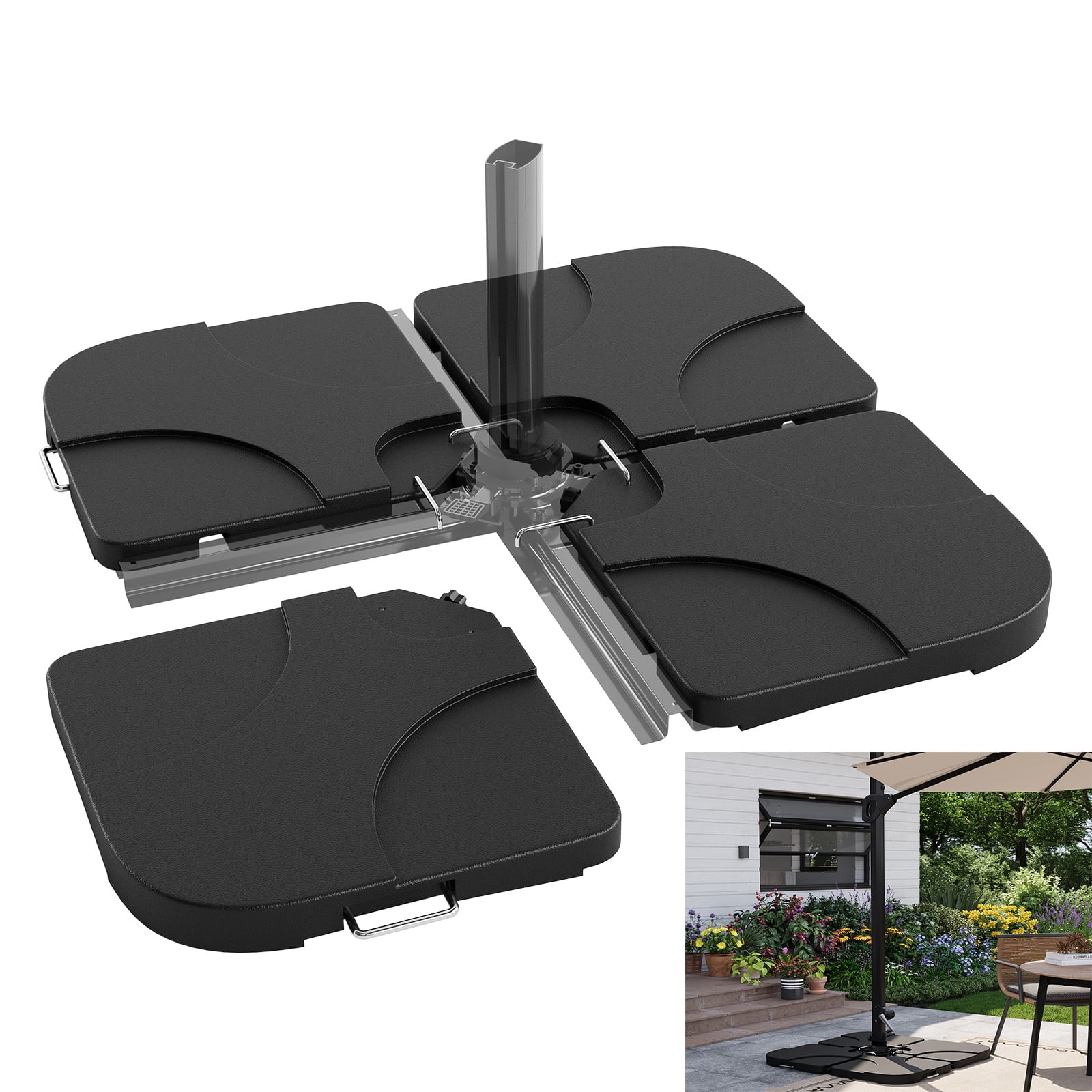 TEQIN Patio Umbrella Stand Outdoor Umbrella Base For 7.5-11ft Cantilever Umbrella, 220lb Capacity Patio Base, Filled With Water Or Sand, Clip-Locked Assembly, Heavy Duty Market Umbrella Holder