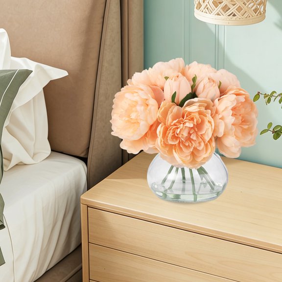 TEQIN Peonies Artificial Flowers With Vase,Peony Fake Flowers Silk Flower Arrangements In Glass Vase With Fake Water Wedding Bouquet For Home Decor