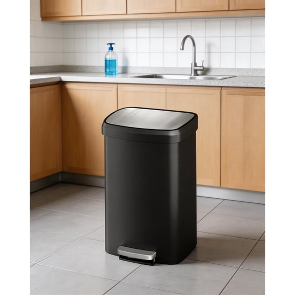 TEQIN Plastic Trash Can With Lid, Large Garbage Can For Kitchen,Rustproof Step-On Kitchen Trash Bin With Liner Rim, Kitchen Garbage Can With Soft Close Lid , 13 Gal / 50 l