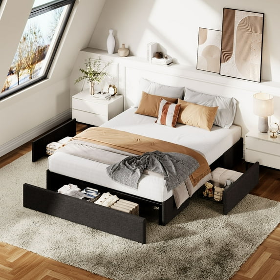 TEQIN Platform Bed Frame with 3 Storage Drawers, Fabric Upholstered Bed Frame with Wooden Slats Support, No Box Spring Needed, Easy Assembly