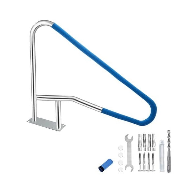 TEQIN Pool Handrail, 55"x 32" Pool Handle Pool Rail,304 Stainless Steel 375LBS Load Capacity, with Blue Grip Cover for 4-Bend Handrail for Inground and Outdoor Pools, Quick Mount Accessories