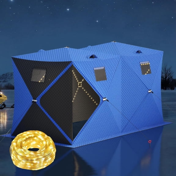 TEQIN Pop Up Ice Fishing Shelter, Portable Insulated Ice Fishing Tent With 49ft Led Light Strip,Hub-Style Shelter Shanty Windproof And Warm Includes Anchors, Ropes & Carry Bag