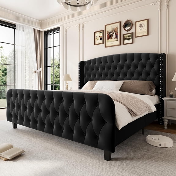 TEQIN Queen Size/King Size Platform Bed Frame, Upholstered Bed Frame Tufted Wingback Headboard and Footboard/No Box Spring Required,Easy Assemble