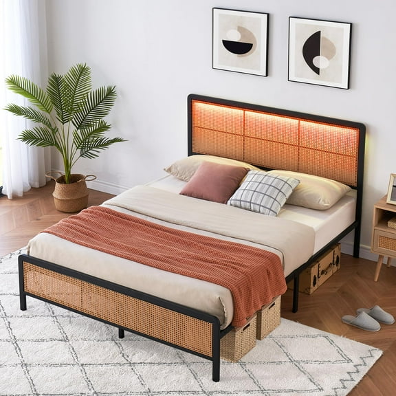 TEQIN Rattan Platform Bed Frame with Led Light Headboard,Modern Cane Bed Frames with Sturdy Steel Slat Support, Heavy Duty Bed Frame, No Box Spring Needed
