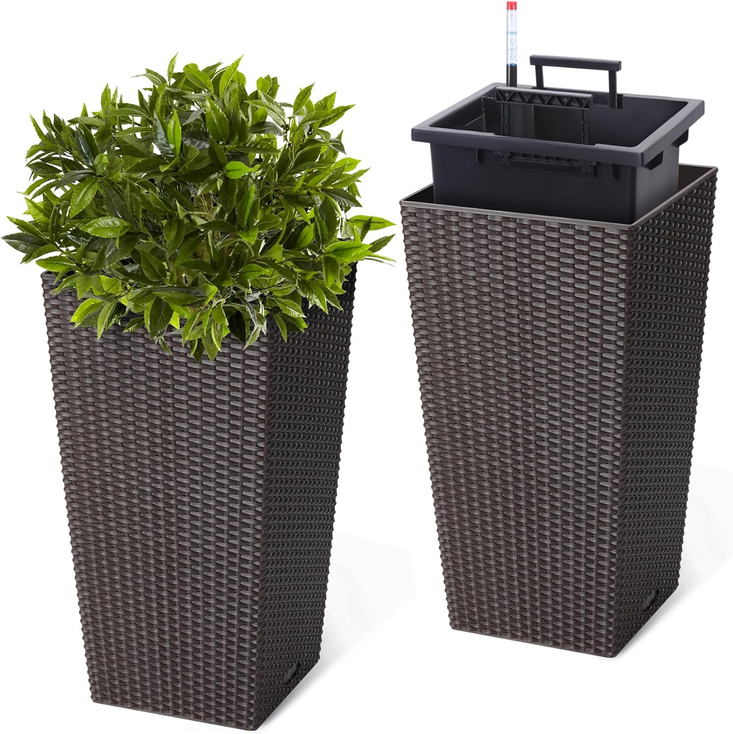 TEQIN Resin Tall Planters for Outdoor Plants Set of 2, 23" H Large Taper Outdoor Planter Pots with Drainage Holes, Rattan Flower Pot Flower Pots for Porch, Patio, Backyard, Home Garden
