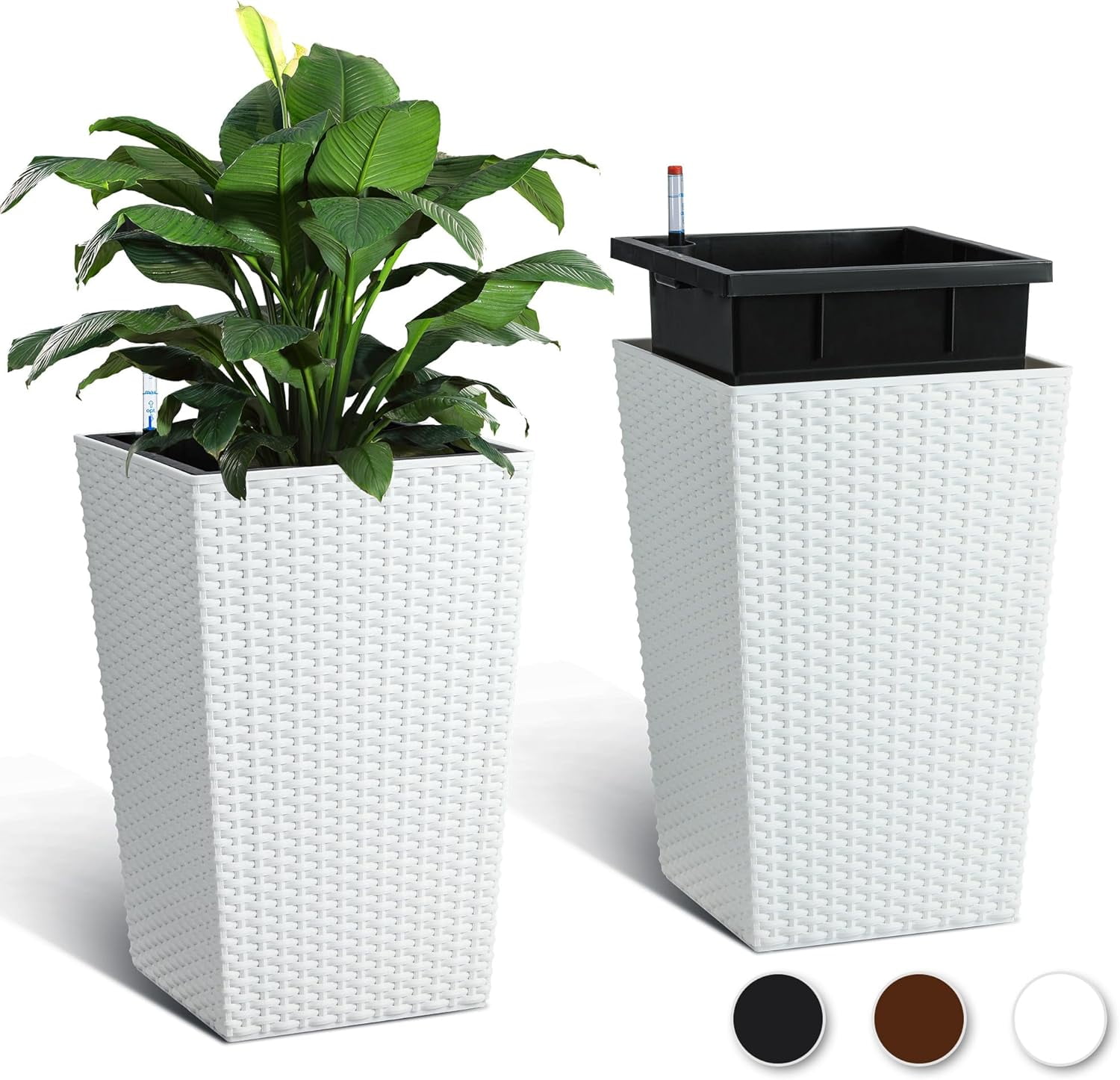 TEQIN Resin Tall Planters for Outdoor Plants Set of 2, 23" H Large Taper Outdoor Planter Pots with Drainage Holes, Rattan Flower Pot Flower Pots for Porch, Patio, Backyard, Home Garden