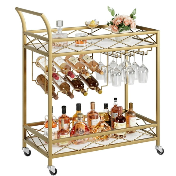 TEQIN Rolling Bar Cart, Mobile Home Bar Serving Cart, Serving Station w/ 2 Tier Shelf, Wine Rack, Lockable Wheels,Wine Rack & Glass Holder for Kitchen, Living Room, Dining Room