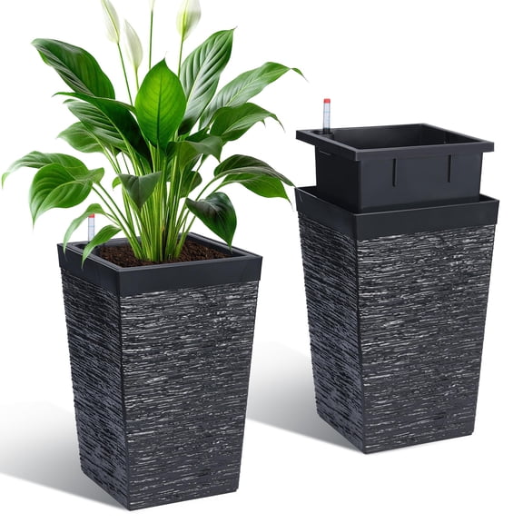 TEQIN Self Watering Planter Set Of 2, 16" Tall Square Indoor Outdoor Plastic Planter With Water Level Indicator,Flower Pot Planter With Water Reservoir, Prevents Root Rot
