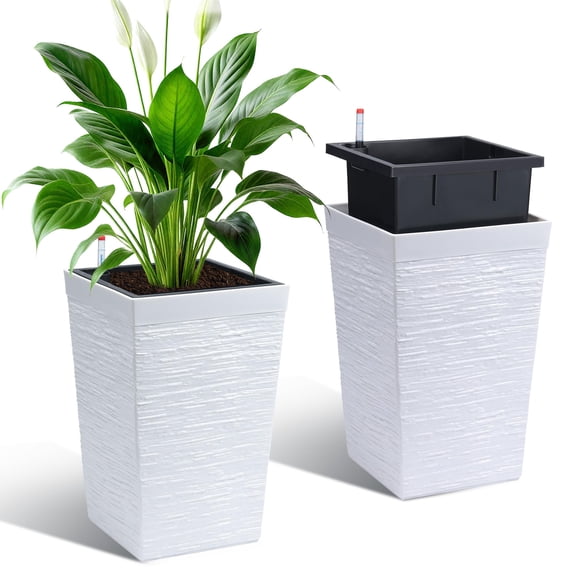 TEQIN Self Watering Planter Set Of 2, 16" Tall Square Indoor Outdoor Plastic Planter With Water Level Indicator,Flower Pot Planter With Water Reservoir, Prevents Root Rot