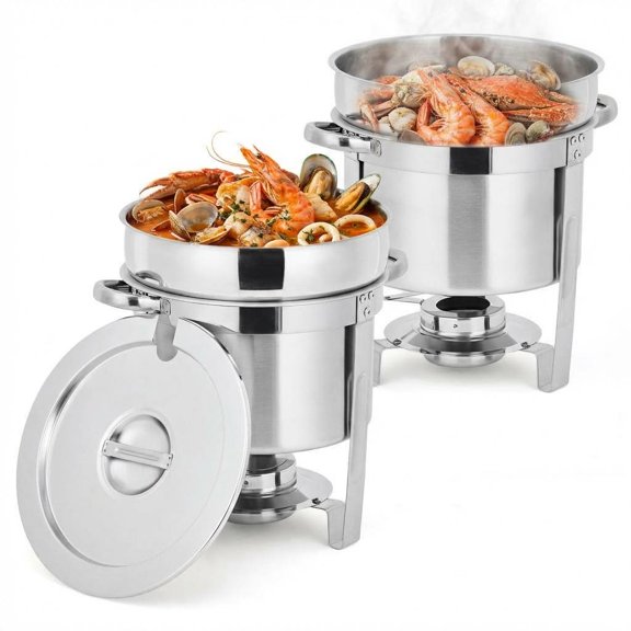 TEQIN Soup Chafer 7QT Soup Chafer, Stainless Steel Round Soup Warmer w/Pot, Notched Lid & Fuel Holder, Catering Marmite for Buffet Service & Event Catering 2PCS/4PCS