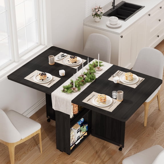 TEQIN Space Saving Folding Dining Table,Extendable Drop Leaf Folding Dining Table With Drawers And 6 Wheels Kitchen Table For Living Room Kitchen Farmhouse Space Saving Table